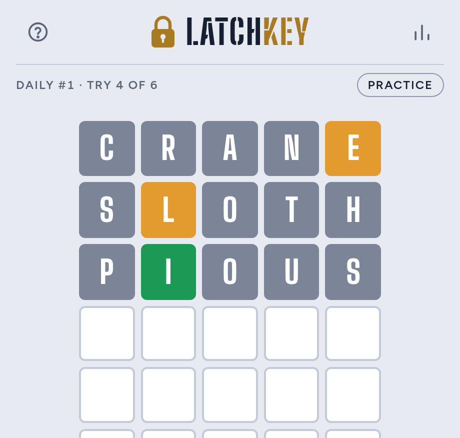 Latchkey game board with three colored guesses