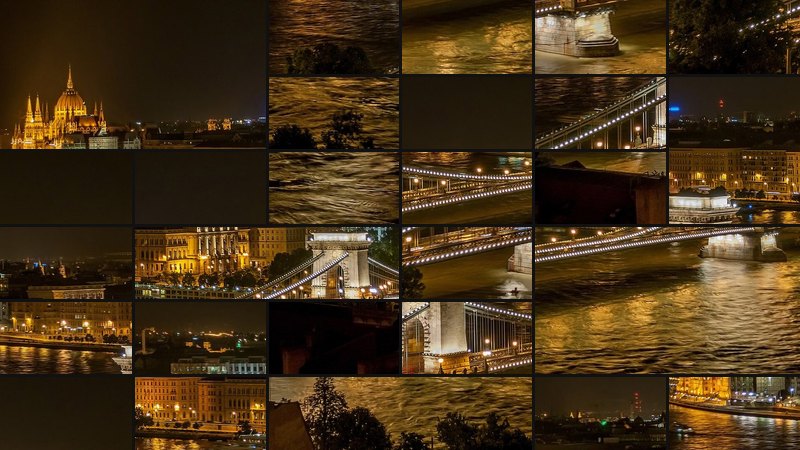 A night picture of the Chain Bridge in Budapest cut into squares and shuffled